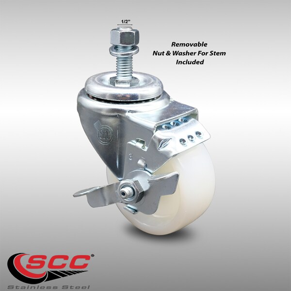 Service Caster 3 Inch SS Nylon Wheel Swivel 1/2 Inch Threaded Stem Caster with Brake SCC SCC-SSTS20S314-NYS-TLB-121315 - main